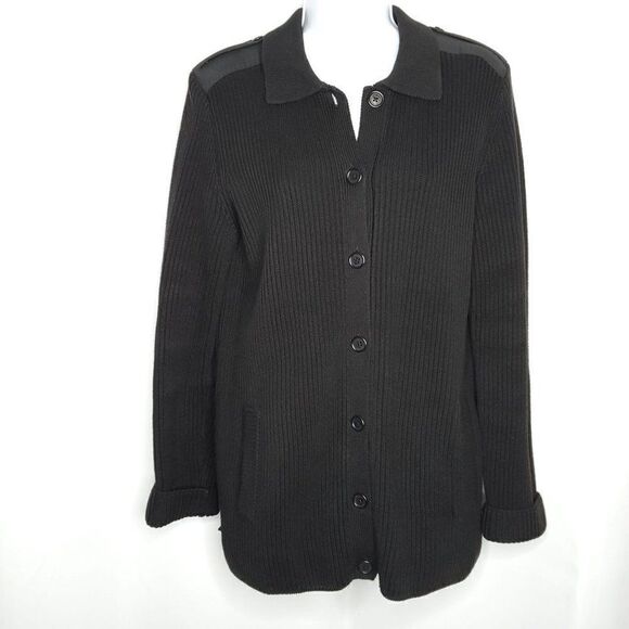 Ralph Lauren Ribbed Cotton Cardigan Sweater M Military Epaulets Collared Black - Picture 1 of 6